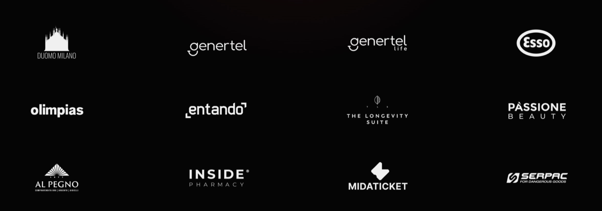 Clienti Deep Marketing: Duomo di Milano, Genertel, Genertel Life, Esso, Olimpias, Entando, The Longevity Suite, Passione Beauty, Inside Pharmacy, MIDA Ticket, Serpac