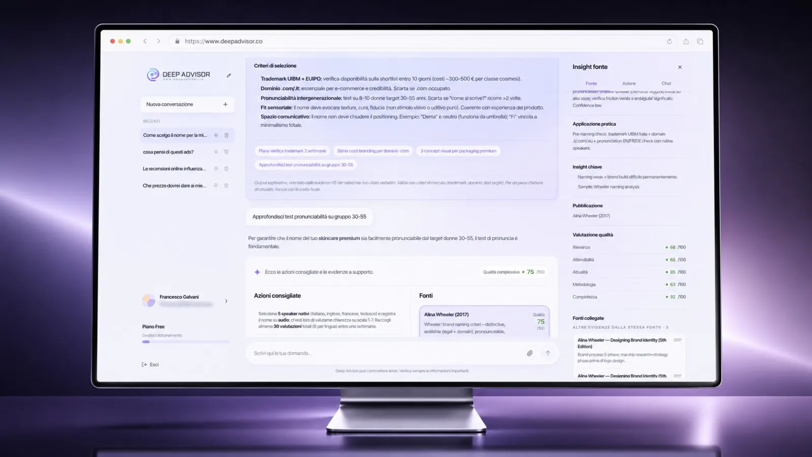 Deep Advisor — azioni consigliate e pannello fonti