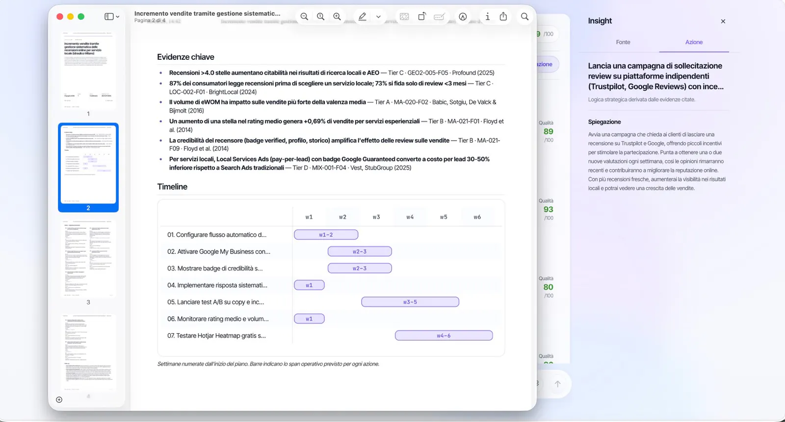 Piano d'azione di Deep Advisor con timeline Gantt